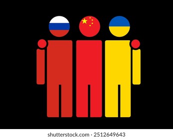 Russia, China, and Ukraine National Flags With Embracing Body. Vector Illustration. Isolated background.