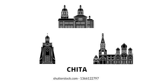 Russia, Chita flat travel skyline set. Russia, Chita black city vector illustration, symbol, travel sights, landmarks.