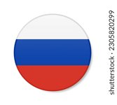 Russia circle button icon. Russian round badge flag with shadow. 3D realistic vector illustration isolated on white.