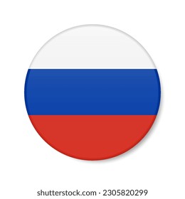 Russia circle button icon. Russian round badge flag with shadow. 3D realistic vector illustration isolated on white.