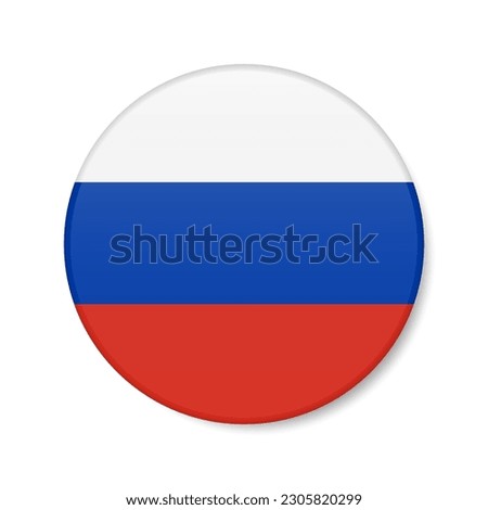 Russia circle button icon. Russian round badge flag with shadow. 3D realistic vector illustration isolated on white.