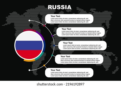 infografía en círculo de Rusia con espacios de texto informativos, fondo negro con mapa del mundo, bandera del país del círculo de Rusia, idea gráfica de presentación, información y plantilla de datos para los países