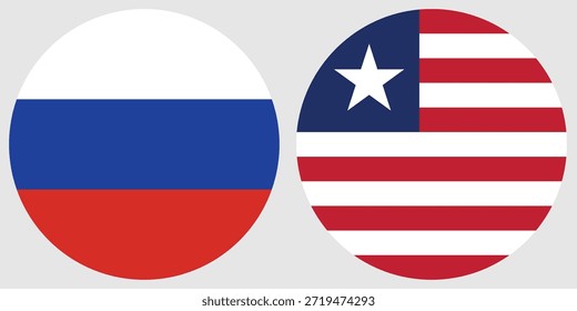 Russische Rundfahne und Liberia Rundfahne Vektor mit grauem Hintergrund 