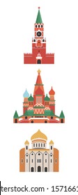 Russia, the city of Moscow. The architecture of the city. Spasskaya Tower, Cathedral of Christ the Savior, St. Basil's Cathedral. Historic architecture. Vector illustration.