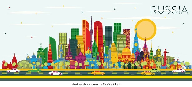 Russia City Skyline with color Buildings and Blue Sky. Vector Illustration. Tourism Concept with Historic Architecture. Russia Cityscape with Landmarks. Moscow. Saint Petersburg. Yekaterinburg.