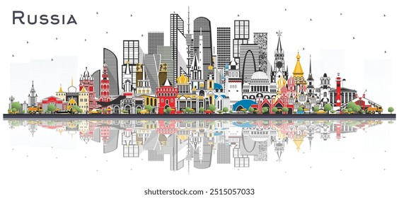 Horizonte da Cidade da Rússia com edifícios coloridos isolados em branco. Ilustração de vetor. Conceito de Turismo com Arquitetura Histórica. Paisagem urbana da Rússia com pontos de referência. Moscou. São Petersburgo. Ecaterimburgo.