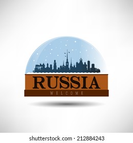Russia, city skyline silhouette in snow globe. Vector design.