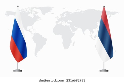 Russia and civil Serbia flags for official meeting against background of world map.