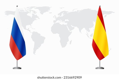 Russia and civil Spain flags for official meeting against background of world map.