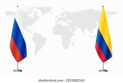 Russia and Colombia flags for official meeting against background of world map.