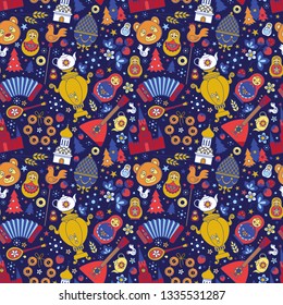 Russia colored icons seamless background abstract pattern. Vector collection Russian culture signs and symbols, Moscow Kremlin, Cathedral, russian doll, balalaika, samovar, bear.