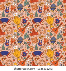 Russia colored icons seamless background abstract pattern. Vector collection Russian culture signs and symbols, Moscow Kremlin, Cathedral, russian doll, balalaika, samovar, bear.