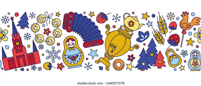 Russia colored icons seamless background border frame pattern. Vector collection Russian culture signs and symbols, Moscow Kremlin, Cathedral, russian doll, balalaika, samovar, bear.