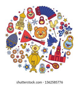 Russia colored icons thin line circle background border frame pattern. Vector collection Russian culture signs and symbols, Moscow Kremlin, Cathedral, russian doll, balalaika, samovar, bear.