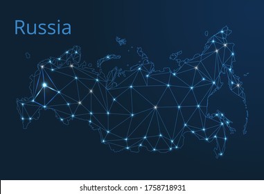 Russia Communication Network Map. Vector Low Poly Image Of A Global Map With Lights In The Form Of Cities