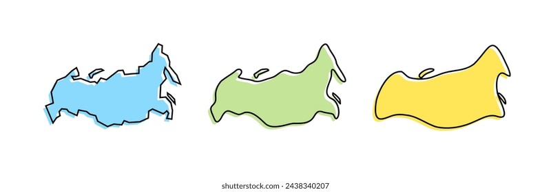 Contorno negro del país de Rusia y siluetas de país de colores en tres niveles diferentes de suavidad. Mapas simplificados. Iconos vectoriales aislados sobre fondo blanco.