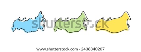 Russia country black outline and colored country silhouettes in three different levels of smoothness. Simplified maps. Vector icons isolated on white background.