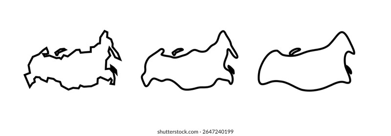 Russia country black outline silhouettes in three different levels of smoothness. Simplified maps. Vector icons isolated on white background.