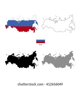 Russia country black silhouette and with flag on background, isolated on white