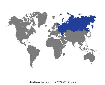 Russia country blue marked in grey silhouette of World map. Simple flat vector illustration.