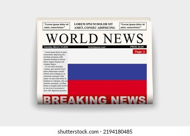 Russia country newspaper with flag, breaking news on newsletter, Russia news concept, gazette page with headline, journal with country flag, reading newspaper, streamer headline