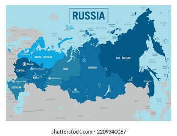 Russia country political map. Detailed vector illustration with isolated provinces, departments, regions, counties, cities, islands and states easy to ungroup.