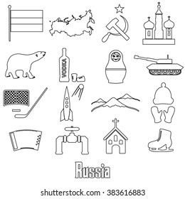 Russia country theme outline symbols icons set eps10