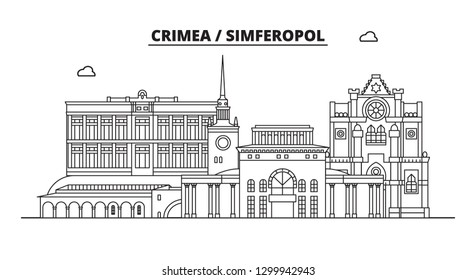 Russia, Crimea, Simferopol. City skyline: architecture, buildings, streets, silhouette, landscape, panorama, landmarks. Editable strokes. Flat design, line vector illustration concept. Isolated icons