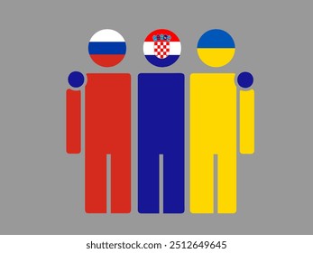Russia, Croatia, and Ukraine National Flags With Embracing Body. Vector Illustration. Isolated background.