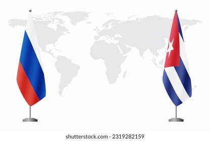 Russia and Cuba flags for official meeting against background of world map.