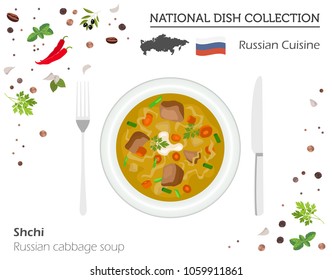 Russia Cuisine. European national dish collection. Russian cabbage soup shchi isolated on white, infographic. Vector illustration
