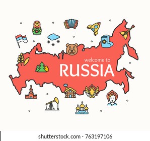 Russia Culture Design Template Line Icon Welcome to Moscow Concept and Silhouette Map Russian Travel National Tourism. Vector illustration