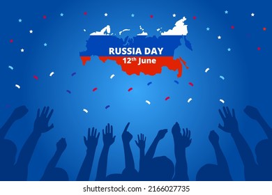 Russia Day 12 June Independence Day Background. Map of Flag Russia, Confetti, and Silhouette People Celebration Vector Illustration