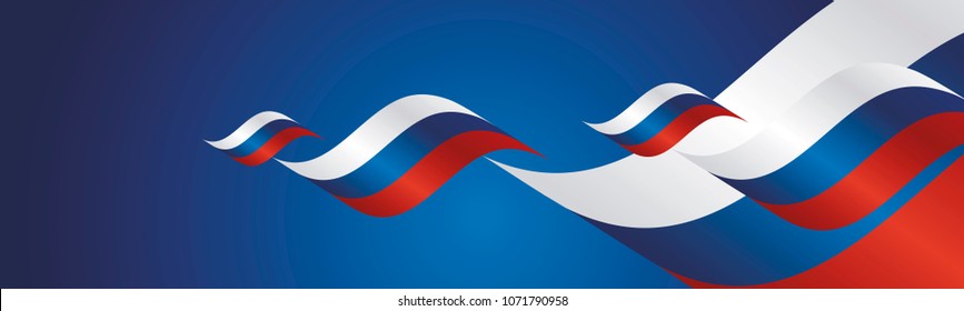 Russia Day waving flags two fold blue landscape background