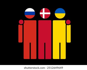 Russia, Denmark, and Ukraine National Flags With Embracing Body. Vector Illustration. Isolated background.