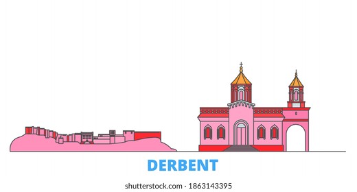 Russia, Derbent line cityscape, flat vector. Travel city landmarks, outline illustration, line world icons