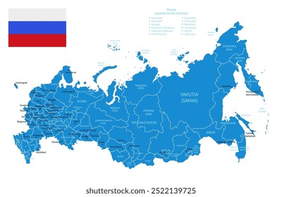 Rusia - mapa azul detallado del país con las ciudades y regiones. Ilustración vectorial.