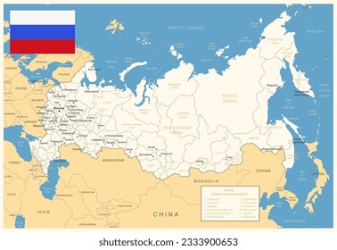 Russia - detailed map with administrative divisions and country flag. Vector illustration