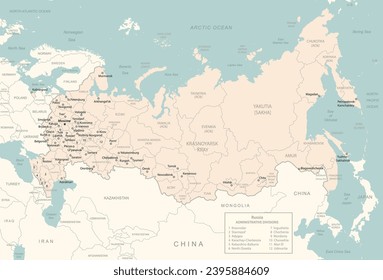 Rusia - mapa detallado con el país de las divisiones administrativas. Ilustración del vector