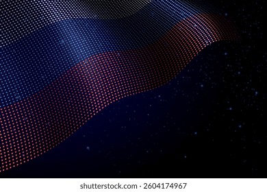Russia digital flag made of dots, waving over a starry dark background