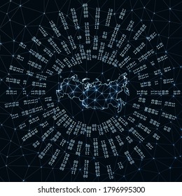 Russia digital map. Binary rays radiating around glowing country. Internet connections and data exchange design. Vector illutration.