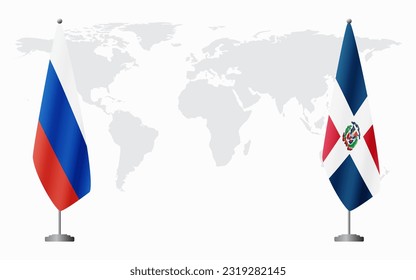 Russia and Dominican flags for official meeting against background of world map.