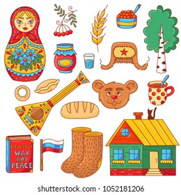 Russia doodle icons traditional symbols balalaika, bear, russian doll, village house red caviar vector set