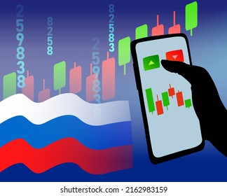 Russia economy illustration, people with smartphone, binary option concept.