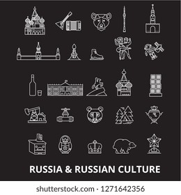 Russia editable line icons vector set on black background. Russia white outline illustrations, signs, symbols