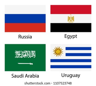 Arabia Saudita, Rusia, Egipto, Uruguay. Conjunto de iconos vectoriales nacionales aislados en fondo blanco. Proporción 2:3.