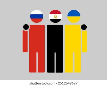 Russia, Egypt, and Ukraine National Flags With Embracing Body. Vector Illustration. Isolated background.