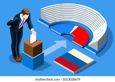 Russia election voting concept Russian man putting vote in the isometric ballot box. Vector illustration with 3D flat isometric realistic detailed people