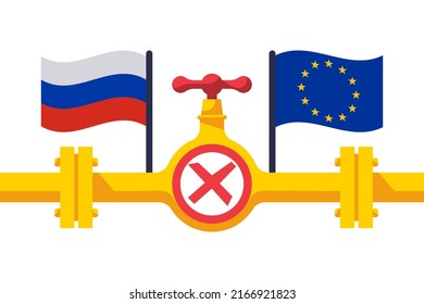 Russia and EU. Gas pipe with flag European union and Russia. Sanctions embargo. Stop gas pipeline fuel. Vector illustration flat design. Isolated on white background.