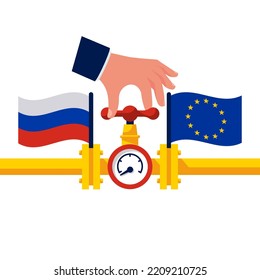 Russia and EU. A hand closing gas pipeline valve. Gas pipe with flag European Union and Russia. Sanctions embargo. Stop gas pipeline fuel. Vector illustration flat design. Isolated on white background